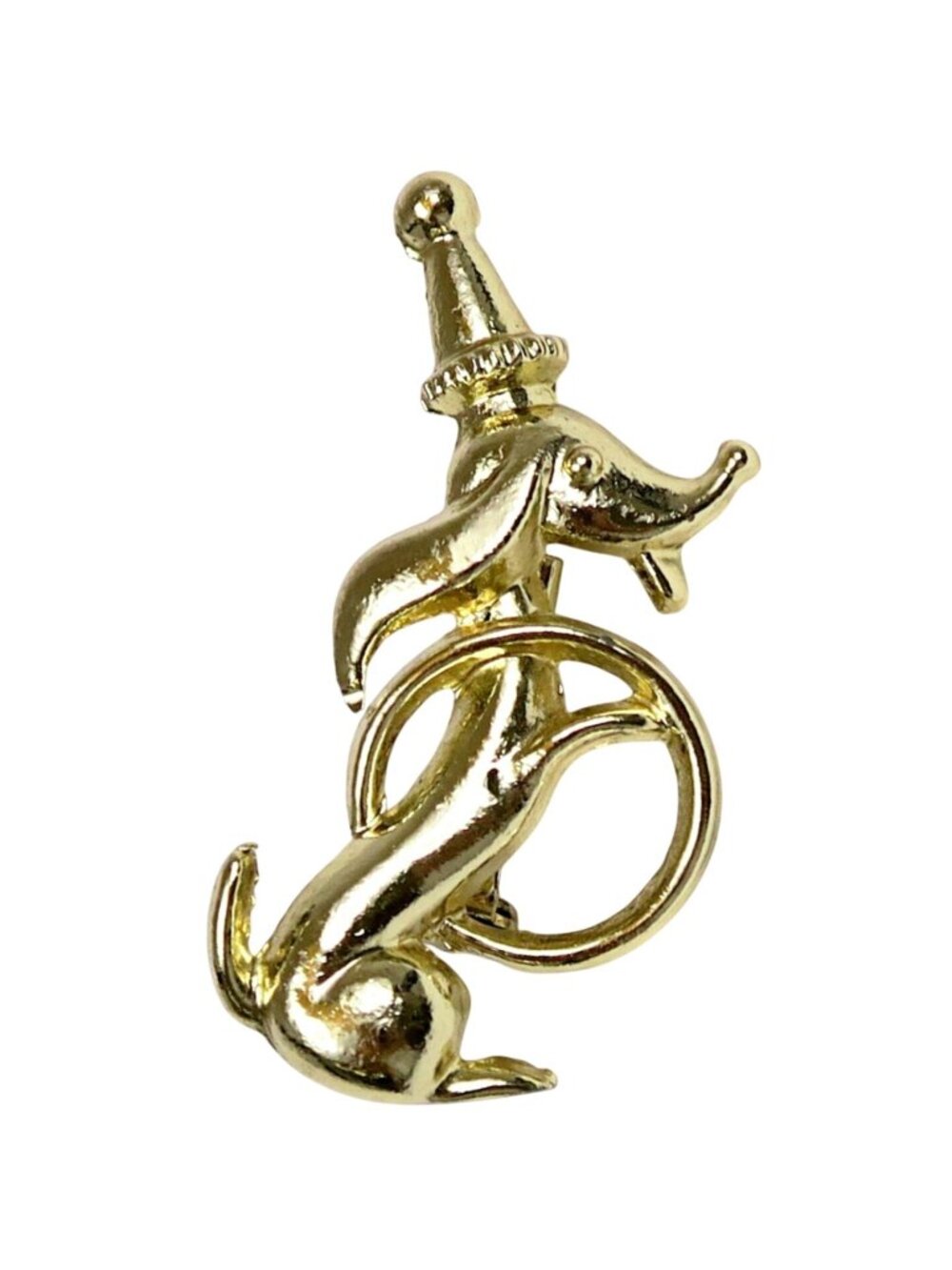 Vintage 1960s Volupte Circus Dog Brooch Gold Tone Dachshund with Hoop Pin